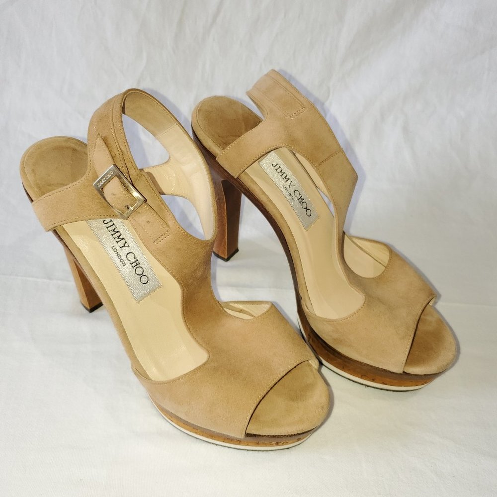 Jimmy Choo Tan Suede Platform Sandals